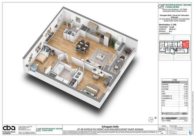 Appartement à louer - 3 pièces - 68.83 m2 - MONT ST AIGNAN - 76 - HAUTE-NORMANDIE - Century 21 Thillard Et Duhamel